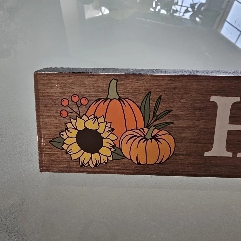HELLO PUMPKIN FALL HARVEST FARMHOUSE DECOR W/GINGHAM PUMPKIN & MAPLE LEAF LIGHTS